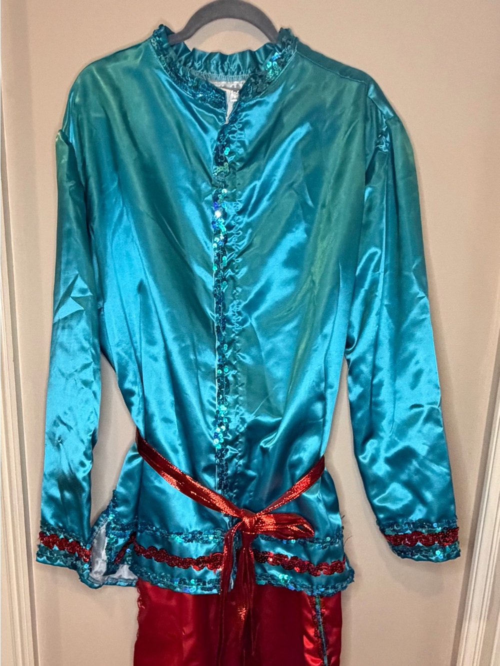 Vintage Mardi Gras Satin Costume Set Blue Red Tunic Pants Sequin Festival VGUC